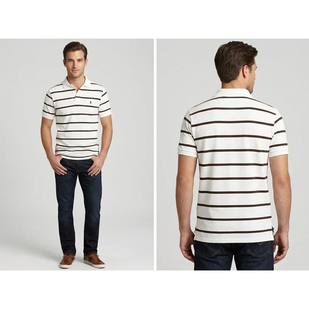olo Ralph Lauren Men's Large Striped Polo Shirt Cream Brown Short Sleeve Logo